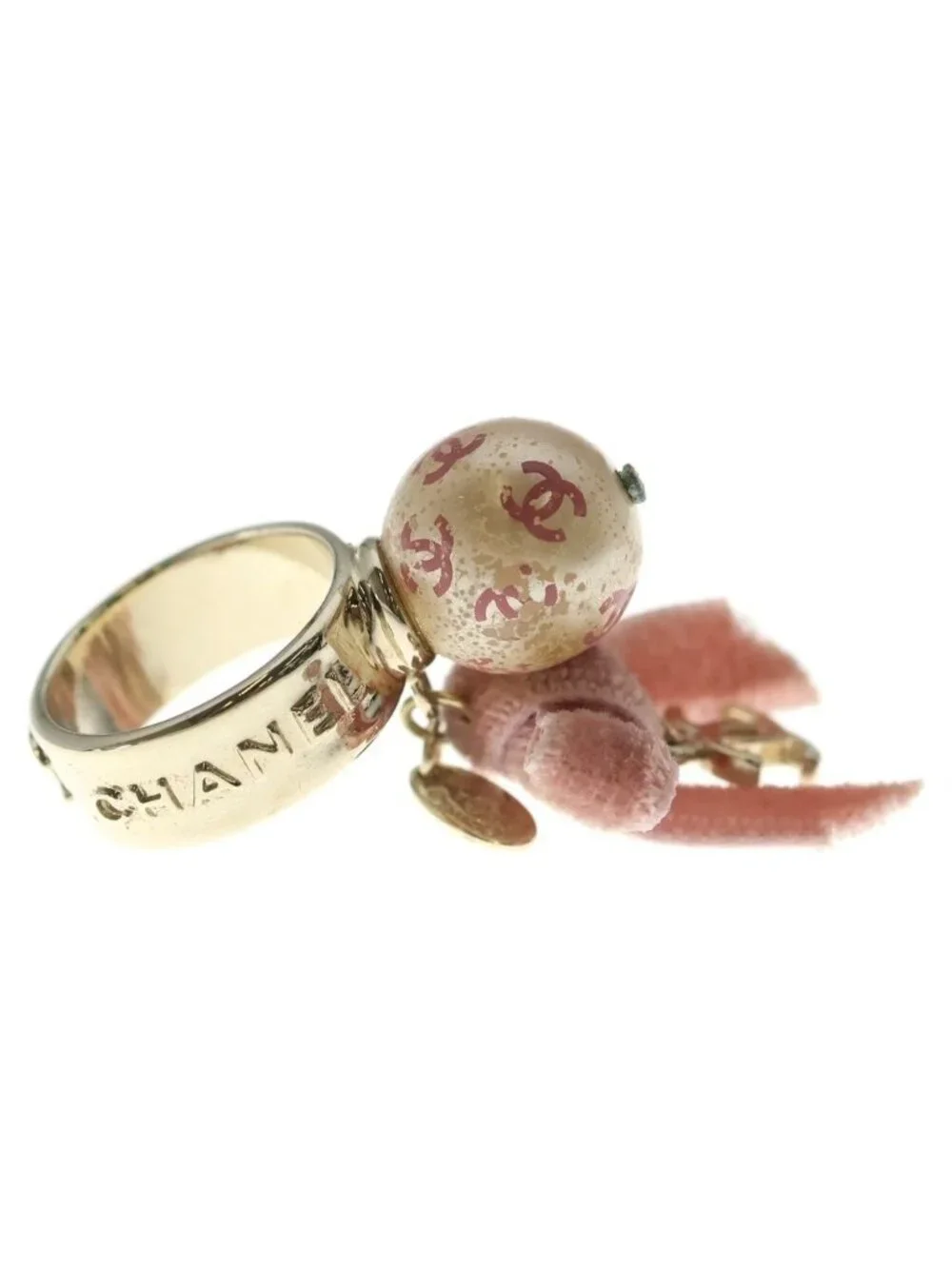 Chanel CC Logo Pearl Ribbon Ring Gold Pink
